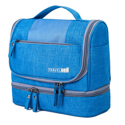 1+1 FREE large hanging toiletry bag, durable multi-compartment travel organizer for all your cosmetic needs.