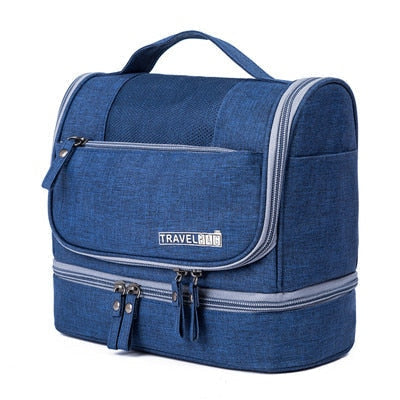 Large unisex multi-compartment hanging toiletry bag, ideal travel cosmetic & makeup organizer for essentials.