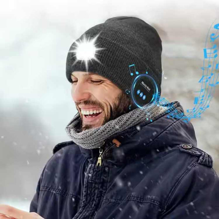 Unisex LED Bluetooth beanie, black, showing bright LED display, comfortable winter hat for outdoor activities.