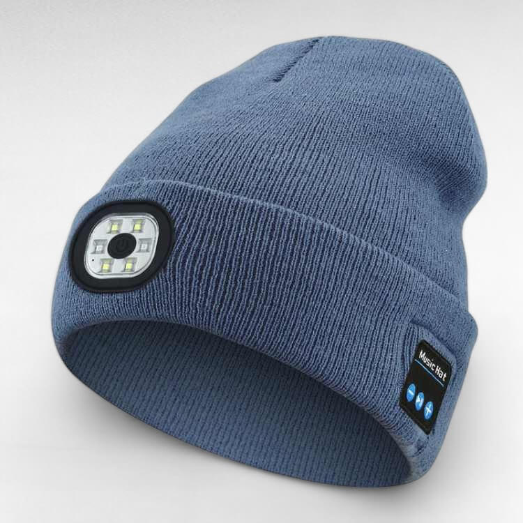 Side view of a unisex winter LED Bluetooth beanie, showing the integrated Bluetooth controls and LED lights.