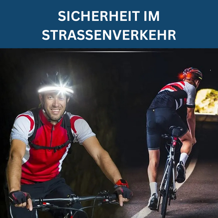 Person wearing unisex LED headlamp, illuminating a dark trail during night hiking, safety first design