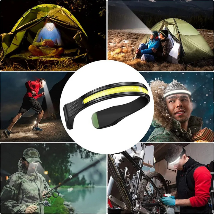 Headlamp packaging displaying LED headlamp features: multiple modes, long-lasting battery, outdoor safety