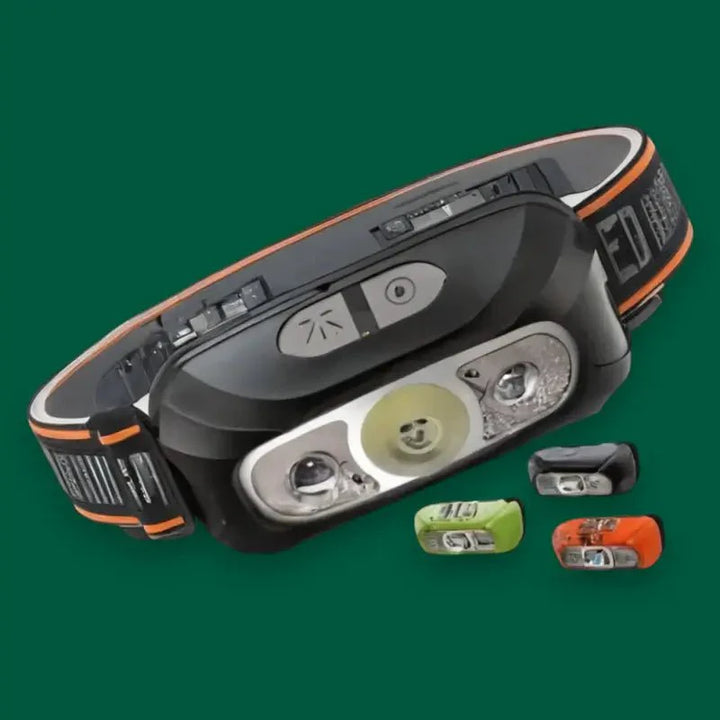Unisex LED headlamp with motion sensor, ideal for night hiking & camping, shown on white background