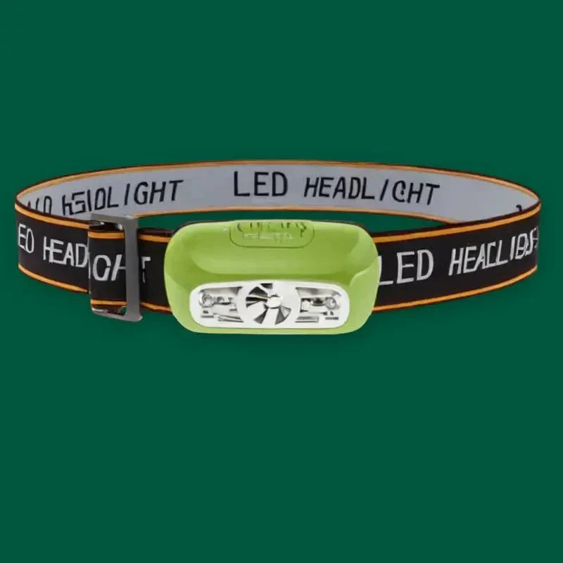Rechargeable LED headlamp illuminating a forest path, perfect for outdoor activities & adventure