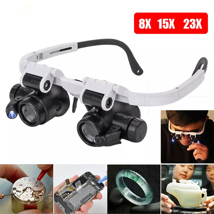 Precision LED magnifying eyewear (8x, 15x, 23x) for electronics assembly, soldering & fine component inspection.