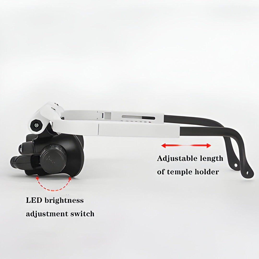 Comfortable, adjustable LED magnifying glasses with 8x, 15x, 23x lenses for extended detailed work.
