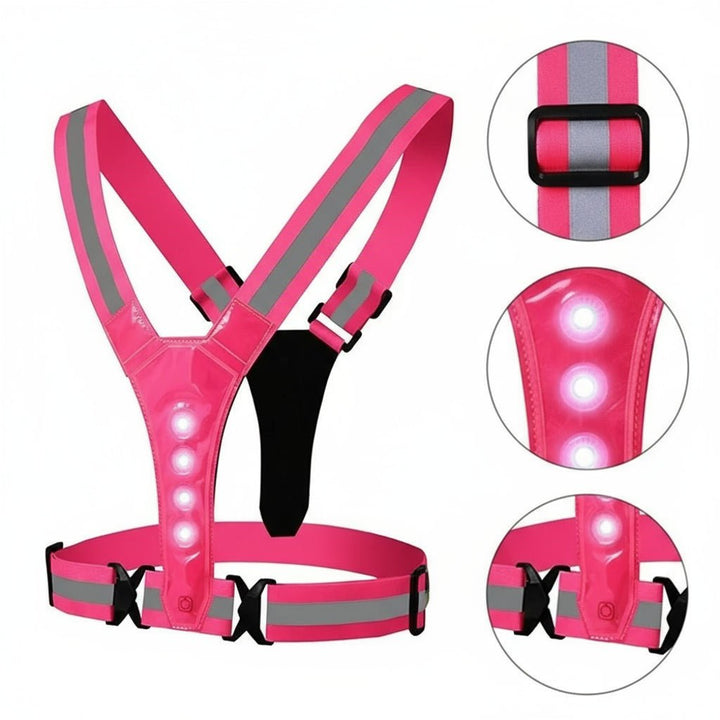 Front view of high visibility LED reflective running vest, showing bright lights & reflective strips.