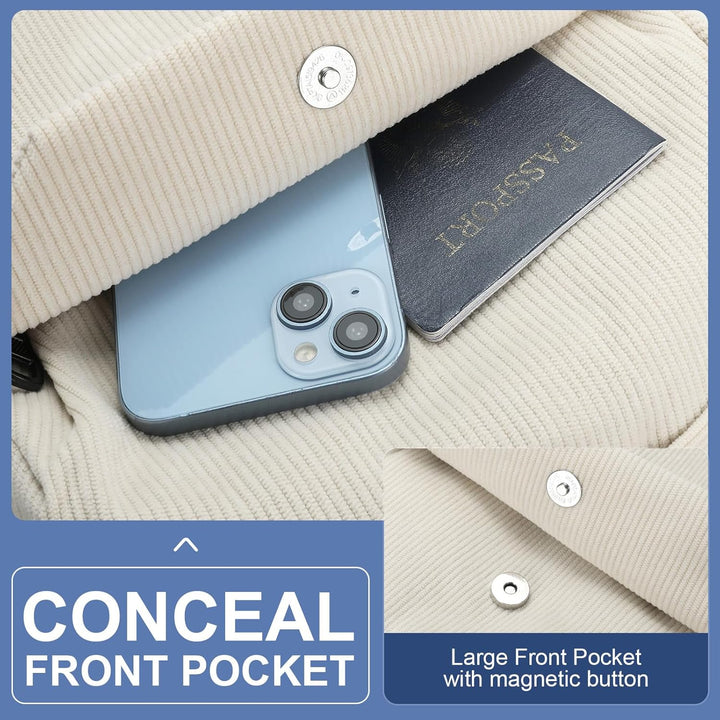 Side profile of water-resistant commuter backpack with multiple storage pockets.