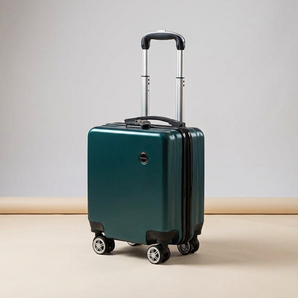Silver lightweight carry-on suitcase. Portable luggage with spinner wheels, ideal for cabin travel.