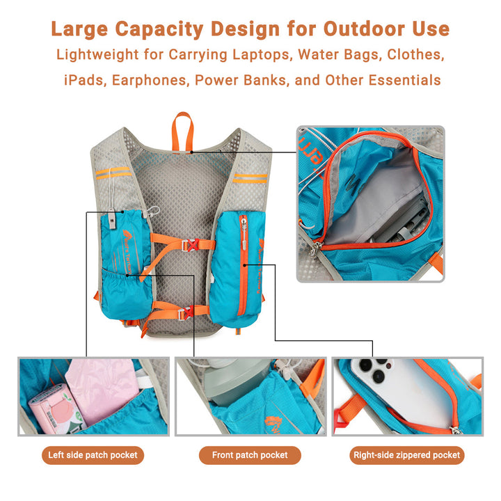 Side view of modern unisex hiking backpack, showcasing durable fabric and lightweight construction.