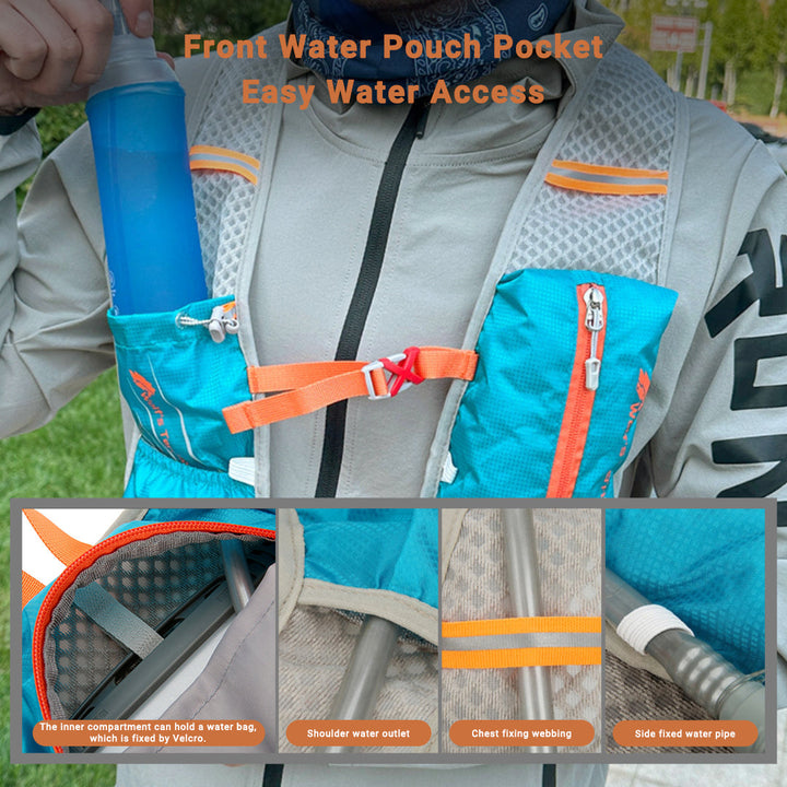 Person wearing a breathable lightweight hiking & cycling backpack on a trail; outdoor gear.