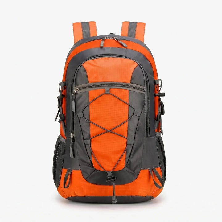 Front view of a lightweight hiking daypack. Durable nylon, multi-compartment for camping & outdoor travel.