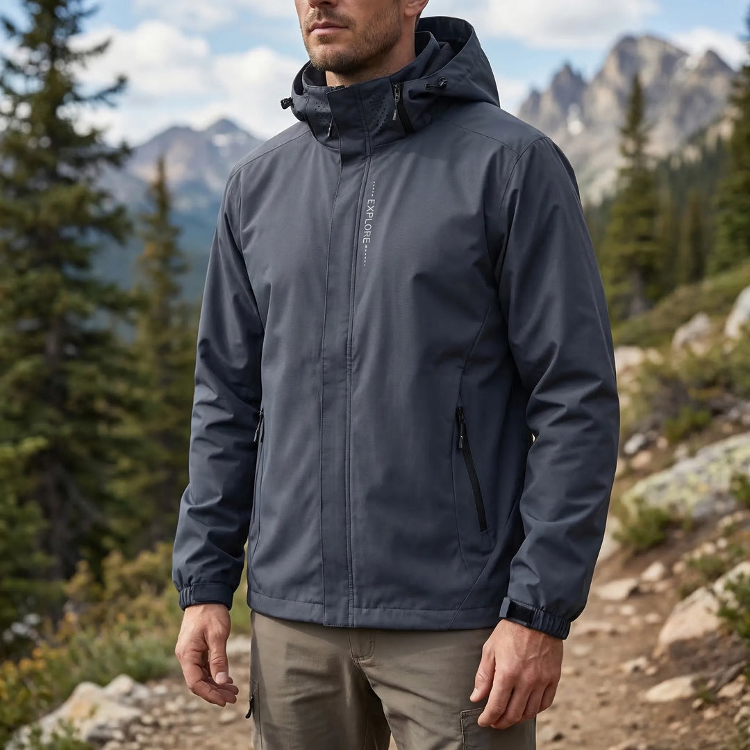 Unisex lightweight hooded rain jacket, water repellent for outdoor all-weather protection & hiking.