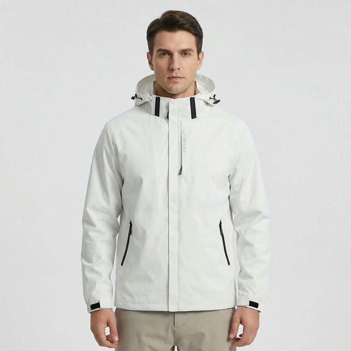 Lightweight water repellent hooded rain jacket, unisex design for all-weather outdoor adventures.