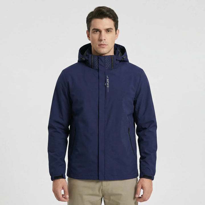 Durable unisex lightweight rain jacket with hood, offers all-weather protection for outdoor activities.