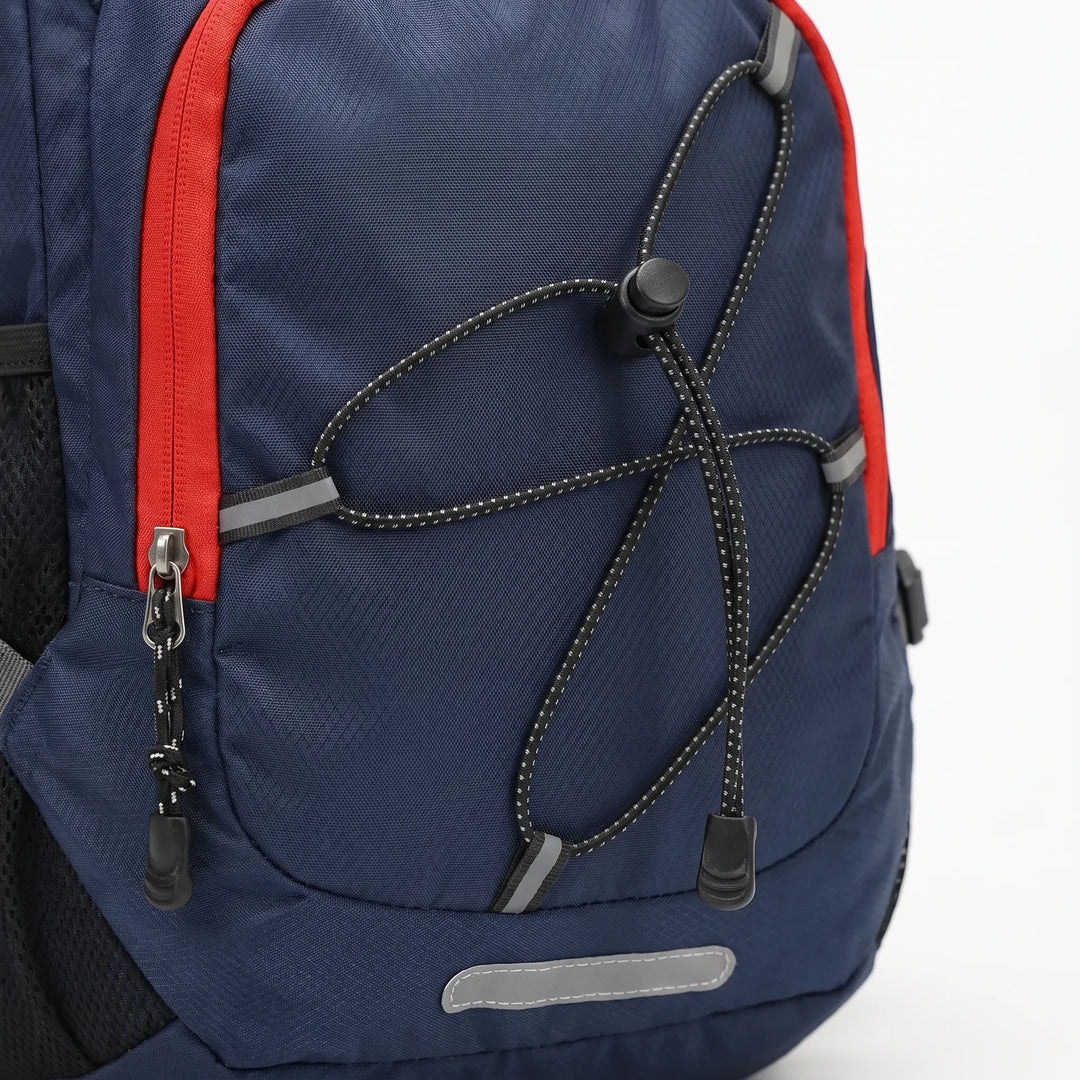 Back of a comfortable, adjustable hiking backpack with hydration sleeve. Perfect for outdoor active gear.
