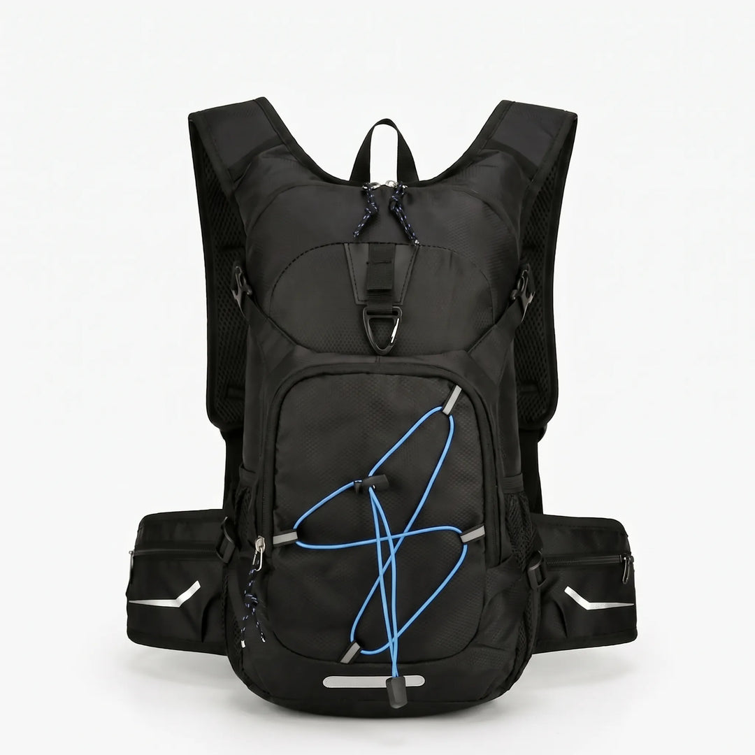 Close-up of the durable, waterproof fabric on a lightweight hiking hydration pack. Rugged camping gear.