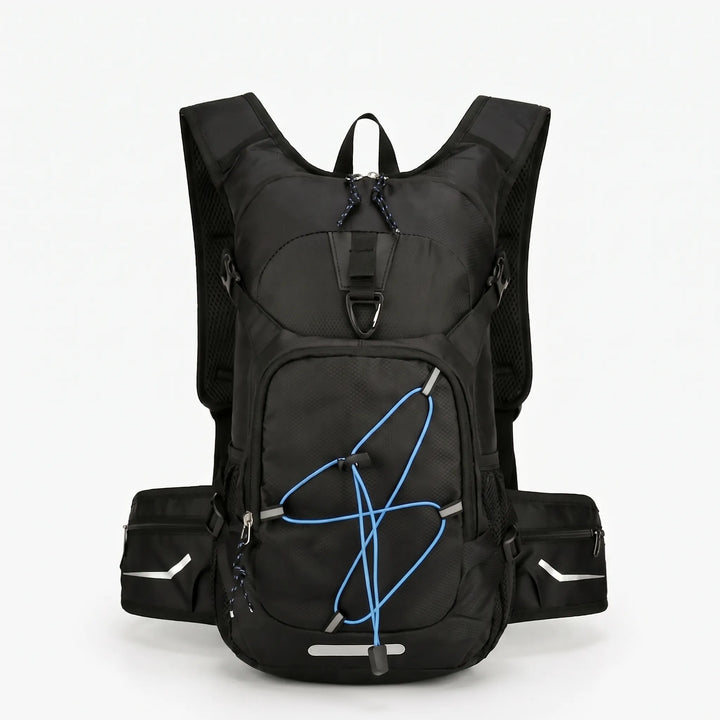 Close-up of the durable, waterproof fabric on a lightweight hiking hydration pack. Rugged camping gear.