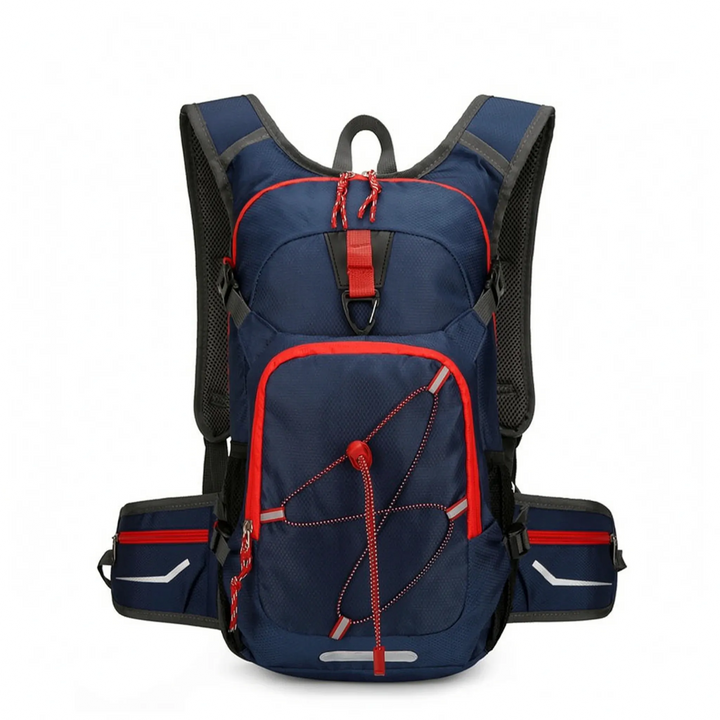 Hiker wearing a lightweight unisex hydration pack on a trail, perfect for camping and long adventures.