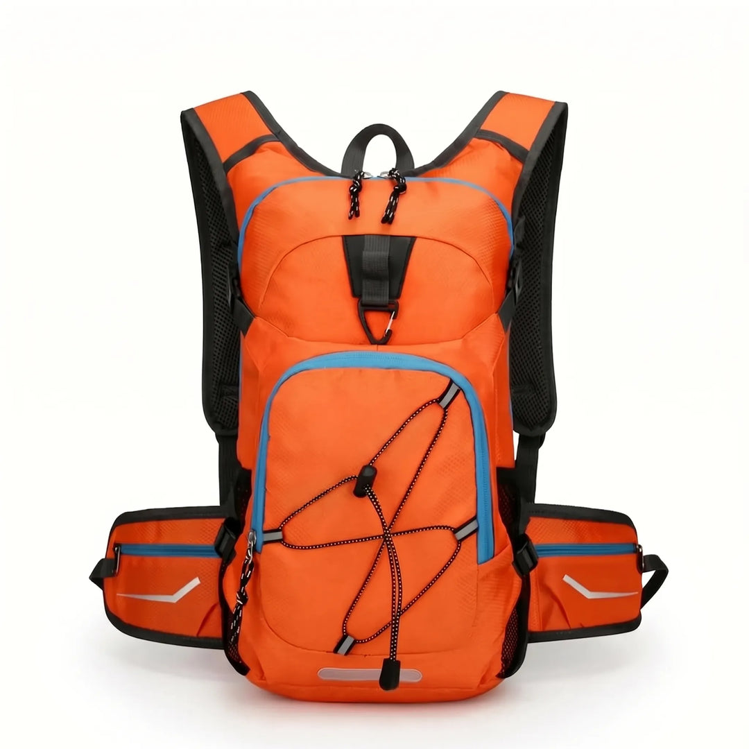 Detail of secure zippers and pockets on a versatile hiking backpack, a lightweight outdoor trail bag.