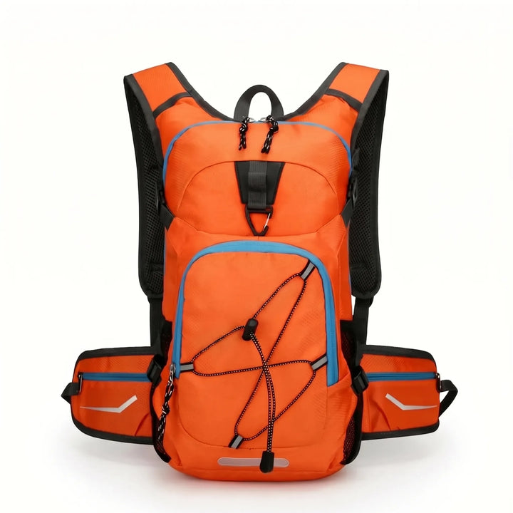 Detail of secure zippers and pockets on a versatile hiking backpack, a lightweight outdoor trail bag.