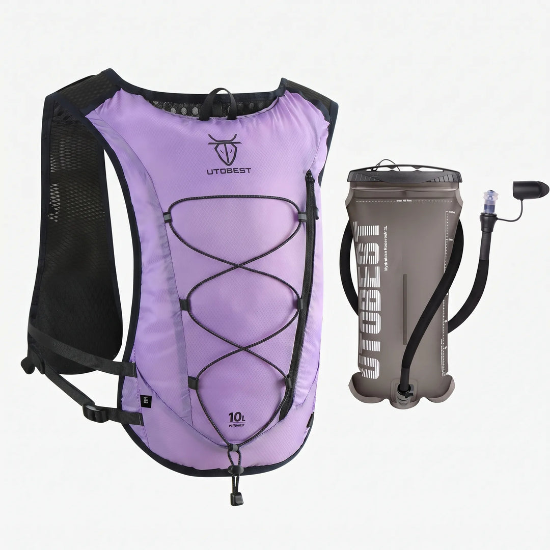 Runner wearing a lightweight hydration running vest pack on a trail, fitness gear.
