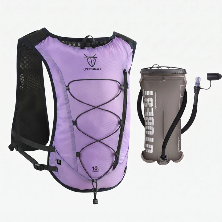Runner wearing a lightweight hydration running vest pack on a trail, fitness gear.