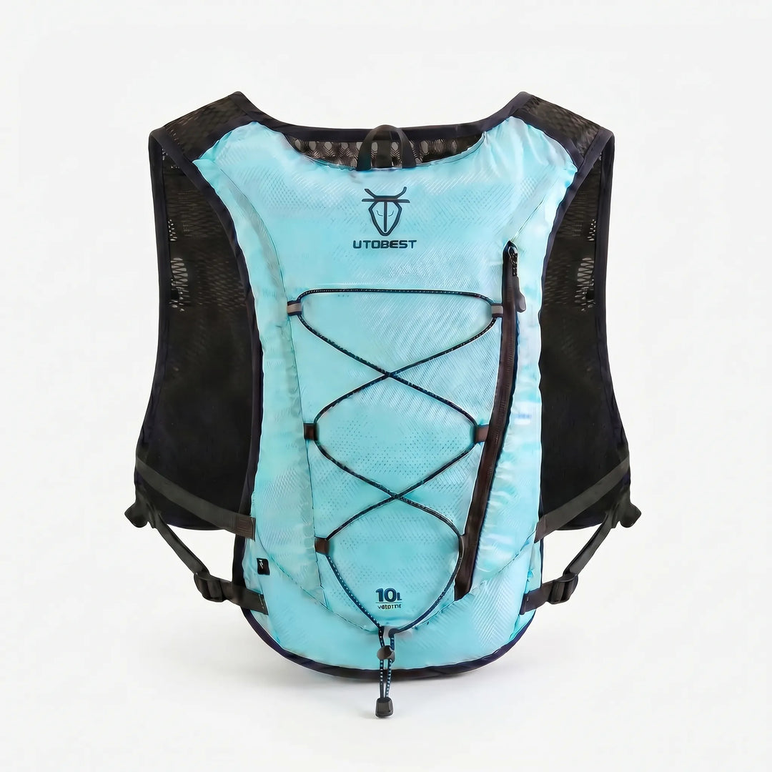 Detail of lightweight running vest pack's adjustable straps & hydration tube access.