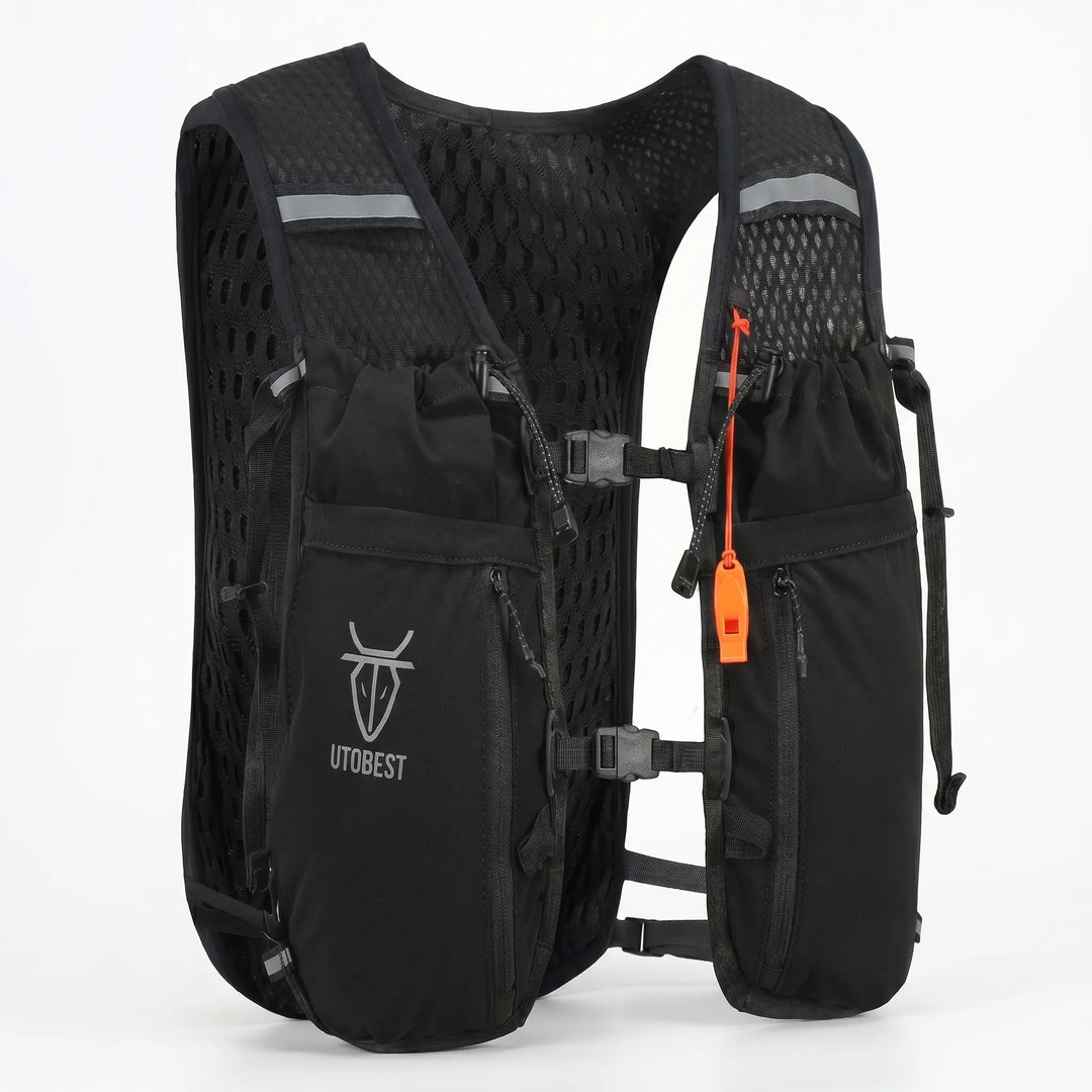 Hydration pack running vest with water bladder access, ideal for long runs.