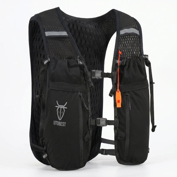 Hydration pack running vest with water bladder access, ideal for long runs.