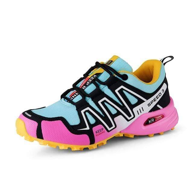 Close-up of the non-slip sole pattern on unisex lightweight hiking trail shoes, outdoor.