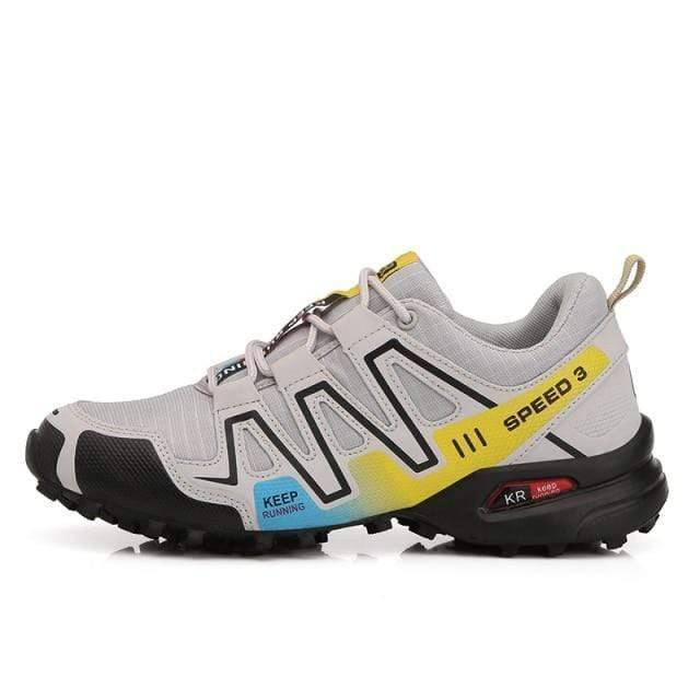 Pair of unisex lightweight non-slip hiking trail shoes from above, laces tied.