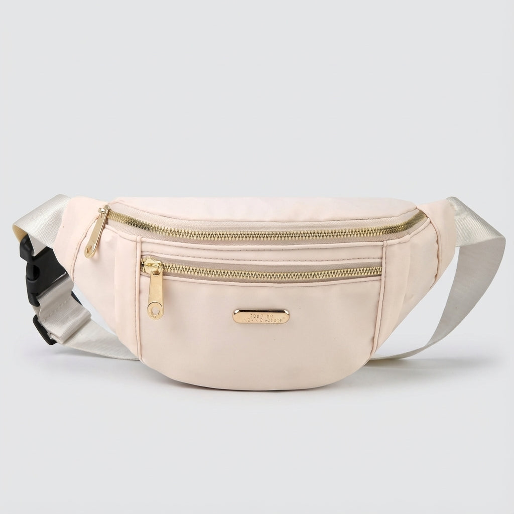Stylish black lightweight nylon fanny pack, an adjustable waist bag for unisex travel.