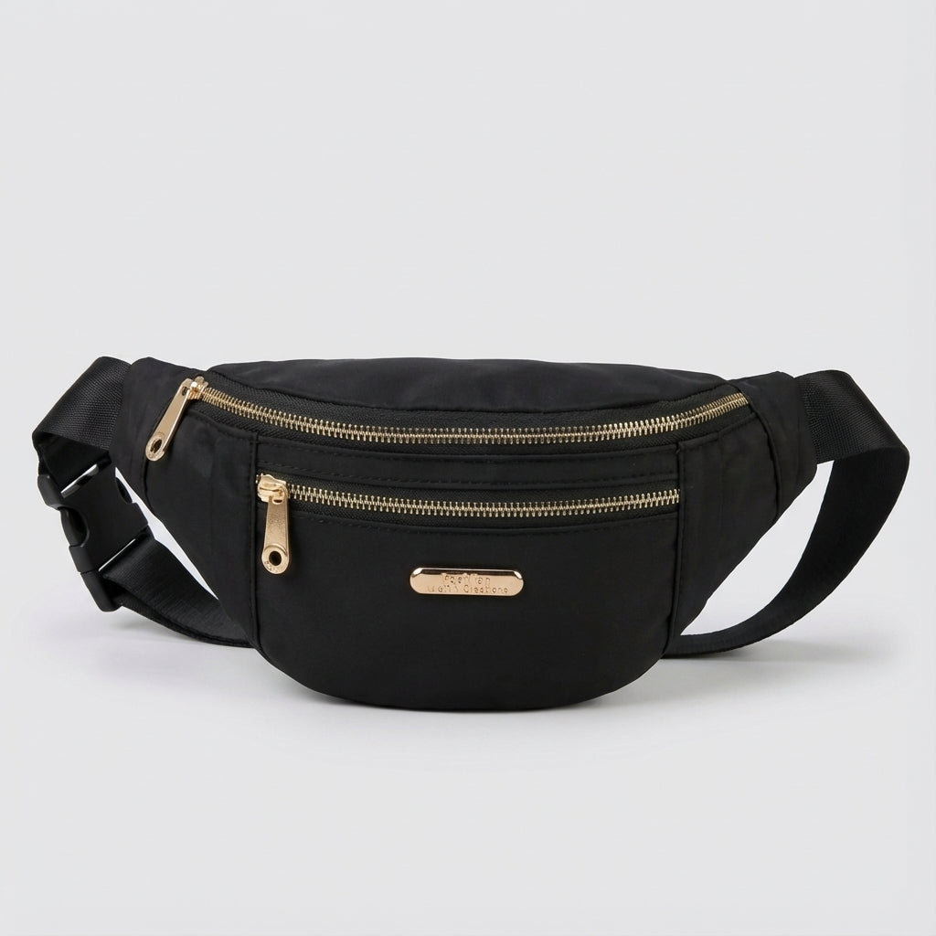 Versatile lightweight nylon fanny pack worn as a shoulder bag, great for daily essentials.