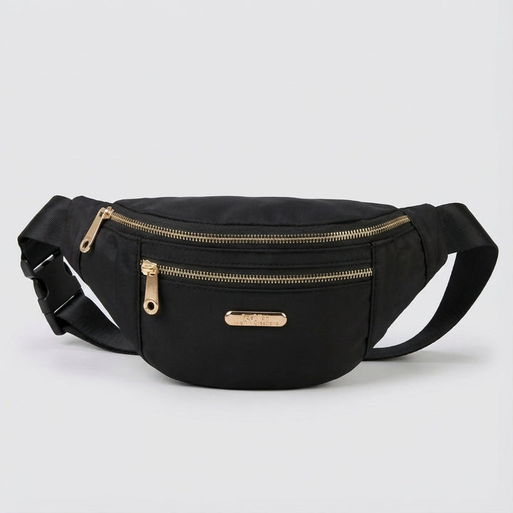 Versatile lightweight nylon fanny pack worn as a shoulder bag, great for daily essentials.