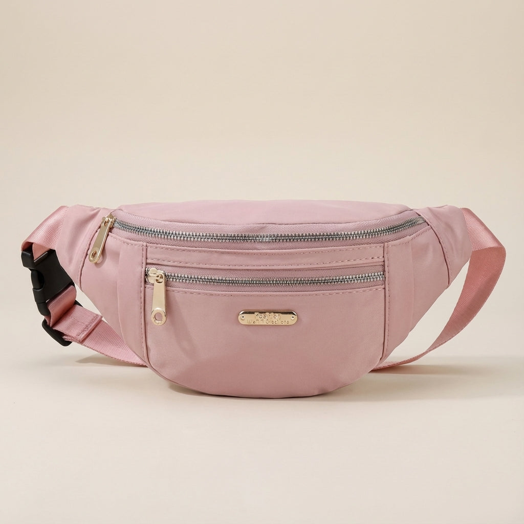 Active person hiking with a lightweight nylon fanny pack, enjoying hands-free travel convenience.