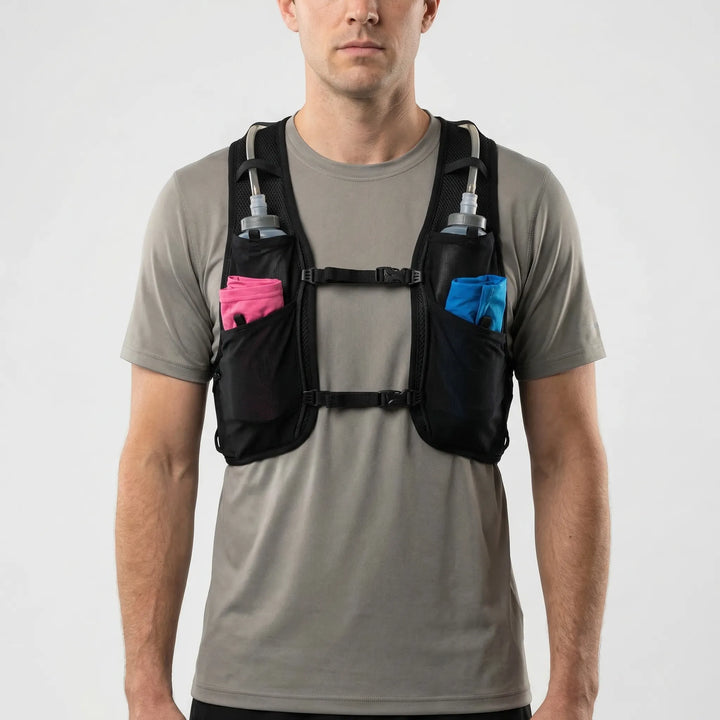 Lightweight hydration pack vest with water bladder compatibility, ergonomic design for comfortable trail running.