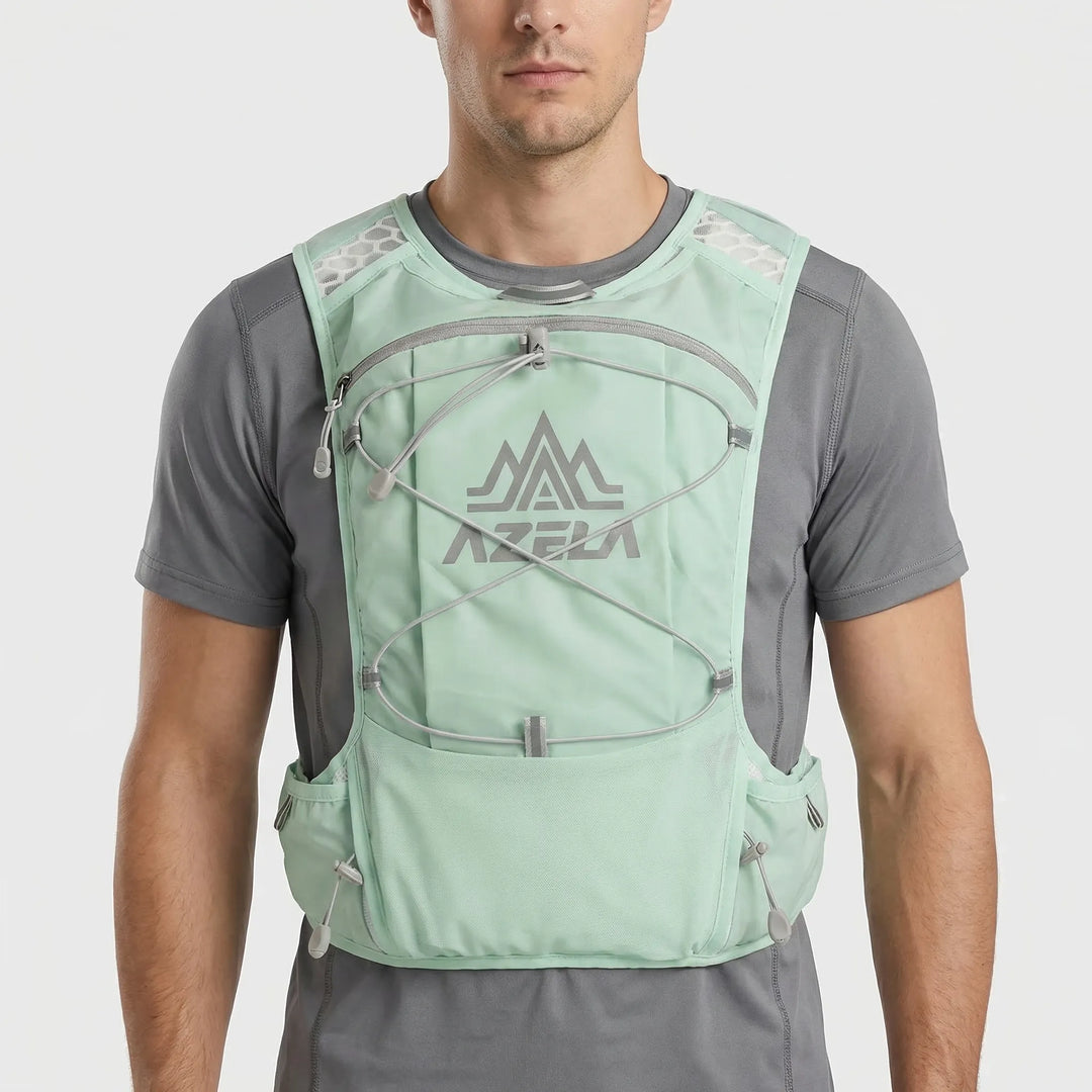 Runner wearing a lightweight unisex hydration vest, perfect for trail running, marathons & essential gear carry.