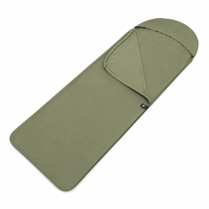 Folded lightweight sleeping bag liner, a compact hiking and travel sheet for ultimate hygiene & comfort.