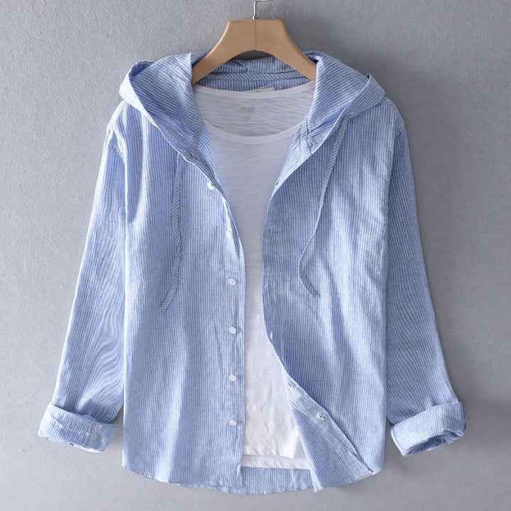 Unisex lightweight striped button-up hoodie, perfect for casual spring & summer style. Relaxed fit comfortable hooded shirt.