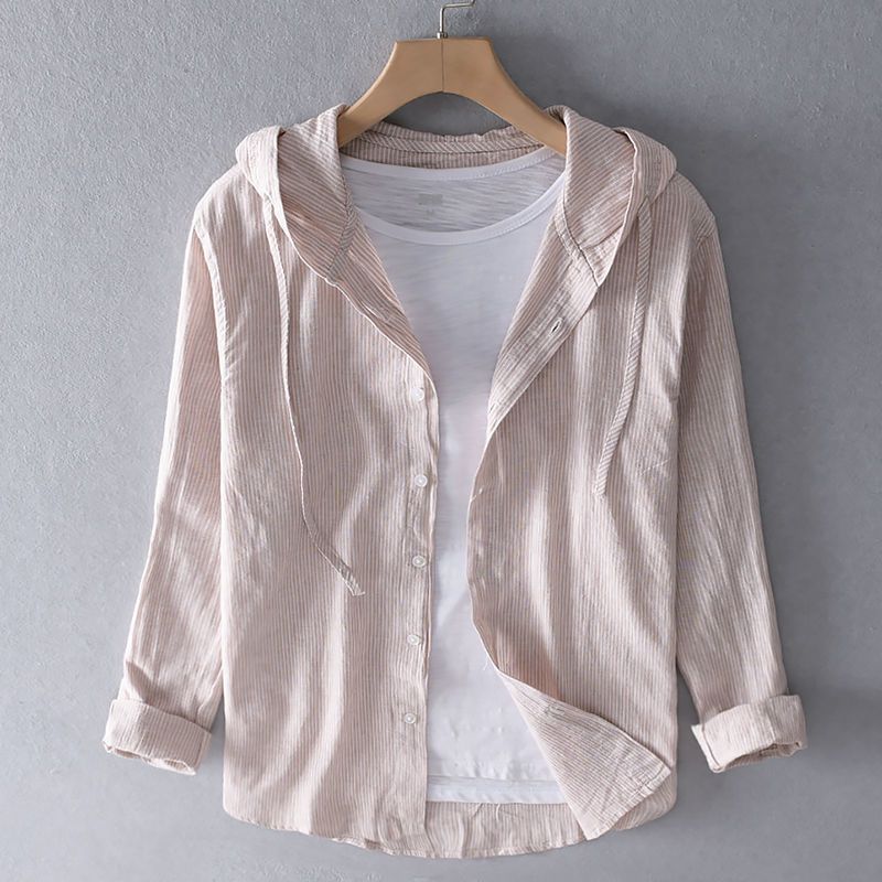 Versatile unisex striped button-up hooded shirt. Ideal lightweight top for casual spring fashion or comfortable loungewear.