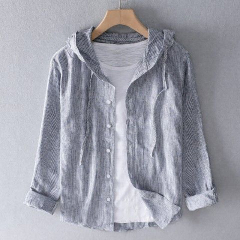 Comfortable unisex button-up hooded shirt with stripes. A lightweight, relaxed fit top, perfect for everyday casual wear.