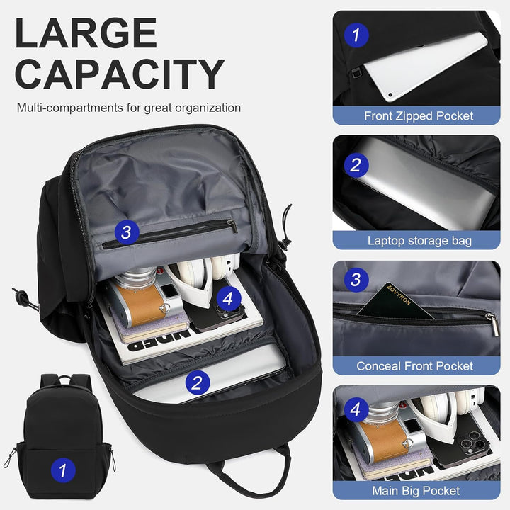 Stylish water-resistant daypack with organized compartments for laptops & gear.