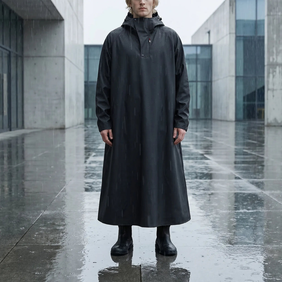 Unisex long hooded riding rain jacket for all-weather commutes. Durable, waterproof, and full-length for ultimate protection.