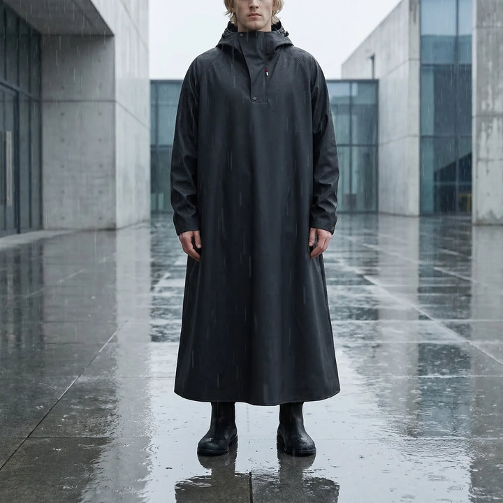 Unisex long hooded riding rain jacket for all-weather commutes. Durable, waterproof, and full-length for ultimate protection.