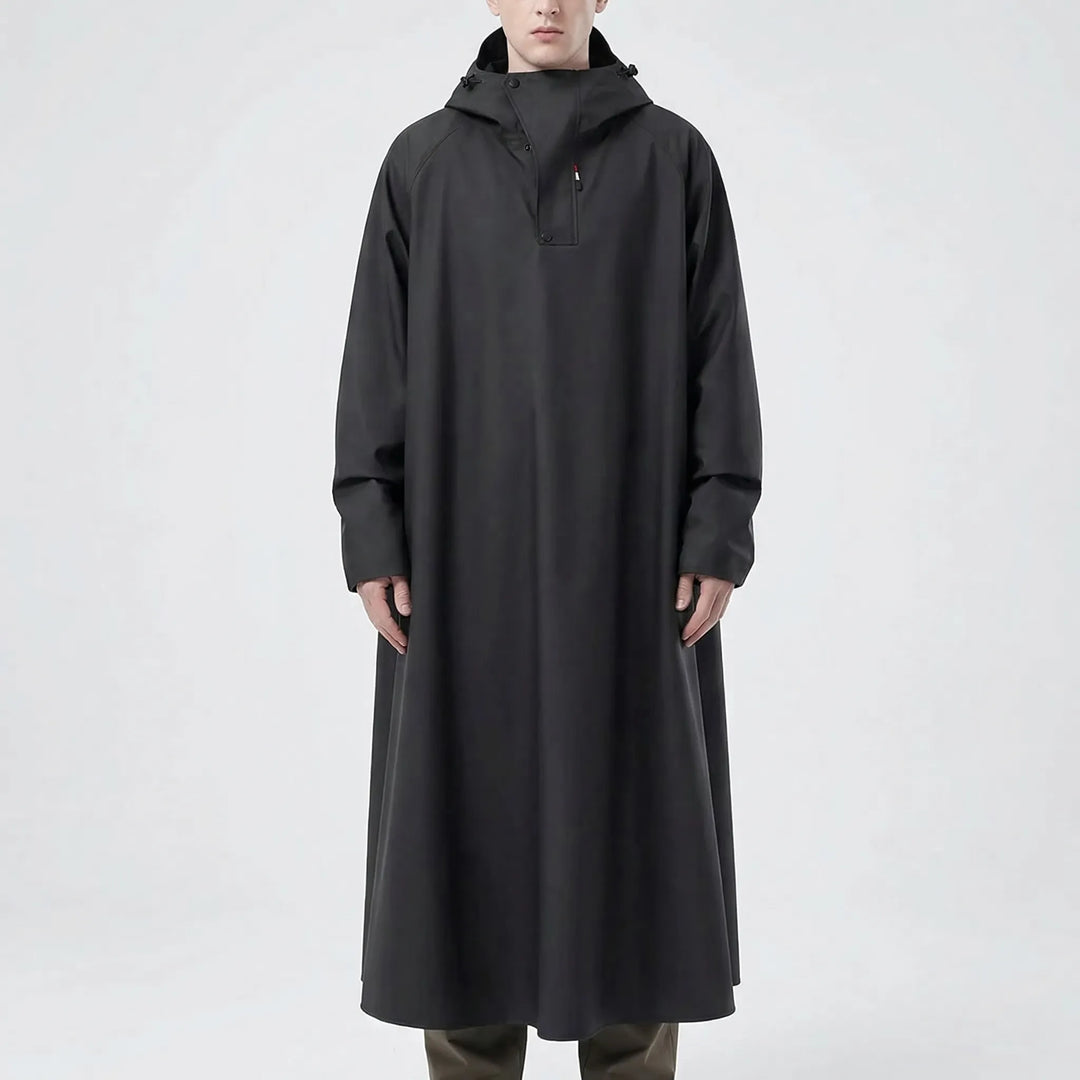 Protective unisex long hooded riding rain jacket for motorcycle commutes. Waterproof and windproof for wet weather.