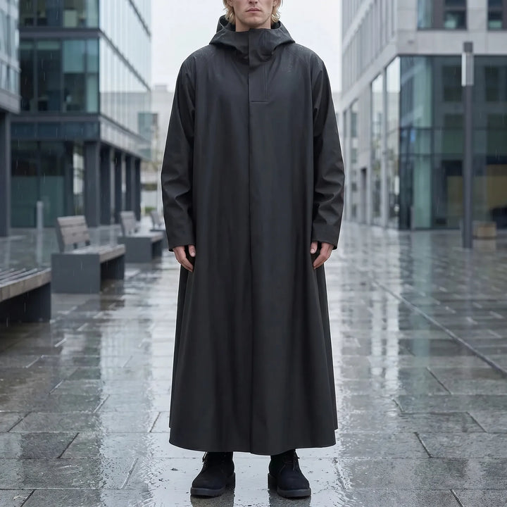Full-length unisex hooded rain jacket offering complete protection for all-weather riding. Durable waterproof commuter gear.