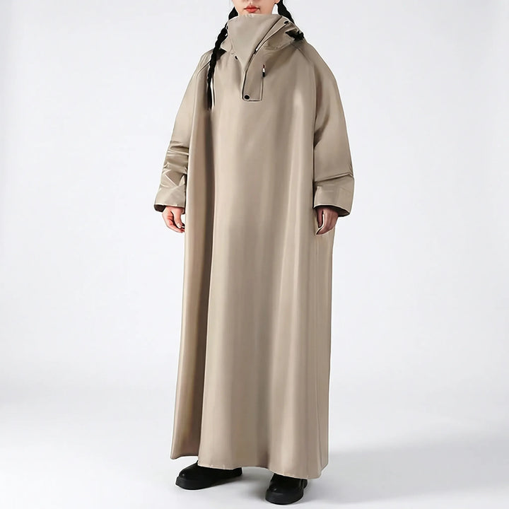 Durable unisex long hooded rain jacket, waterproof and weatherproof. Ideal for riding, motorcycling, and wet weather commutes.