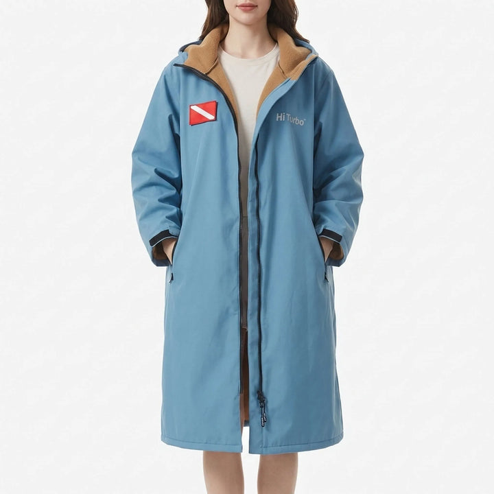 Water sports changing robe, a practical and cozy long-sleeve surf poncho.