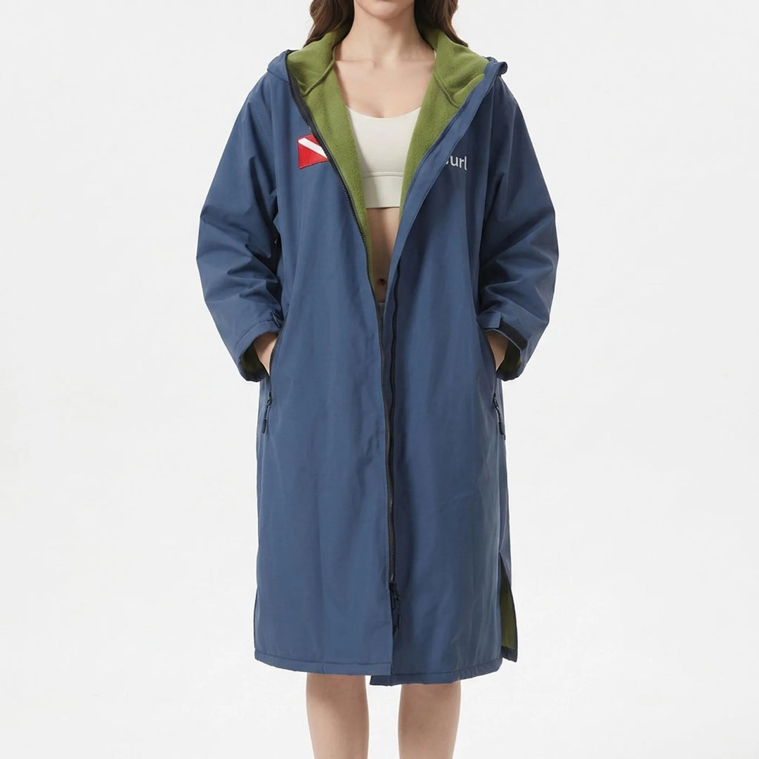 Outdoor changing robe with hood for discrete pre/post swim & surf changes.